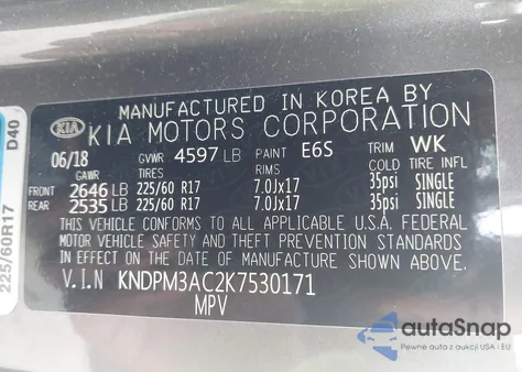 2019 Kia Sportage Lx z USA, uszkodzony, nr VIN KNDPM3AC2K7530171